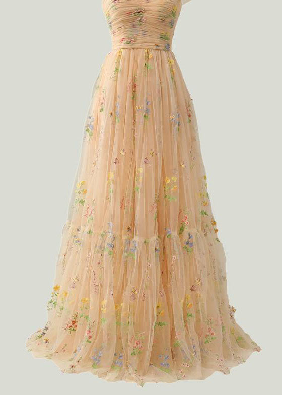 Champagne Color Wrinkled Lace Up Patchwork Tulle Dress Summer