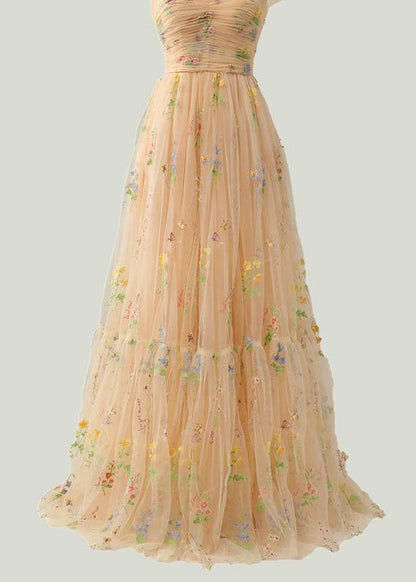 Champagne Color Wrinkled Lace Up Patchwork Tulle Dress Summer