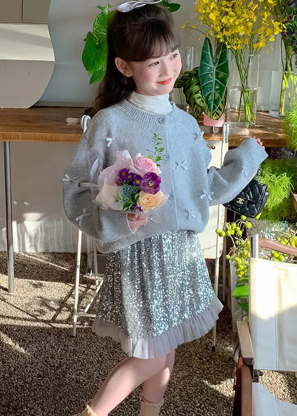 Grey Bow Cotton Knit Kids Cardigan and Skirts Two Pieces Set Spring