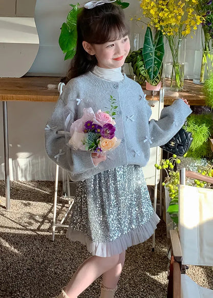 Grey Bow Cotton Knit Kids Cardigan and Skirts Two Pieces Set Spring