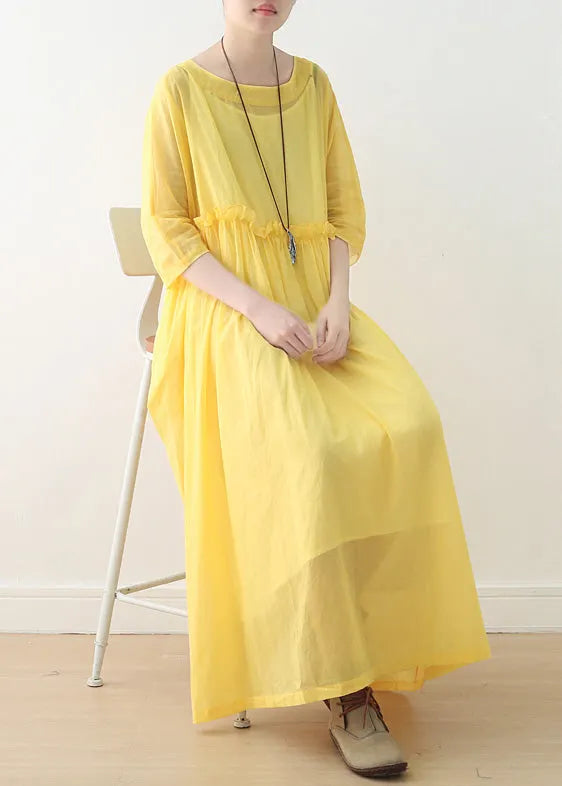 O Neck Half Sleeve Cotton Dresses Stitches Ideas Yellow Art Dress Spring