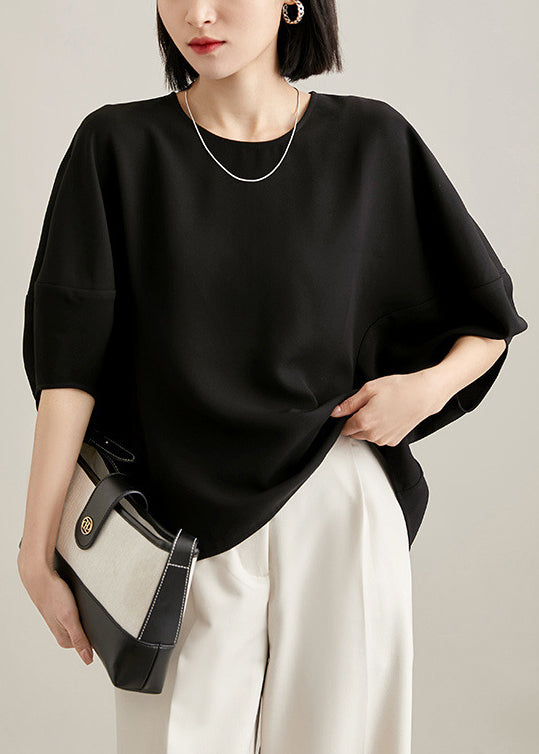 Loose White O Neck Zippered Silk T Shirts Batwing Sleeve