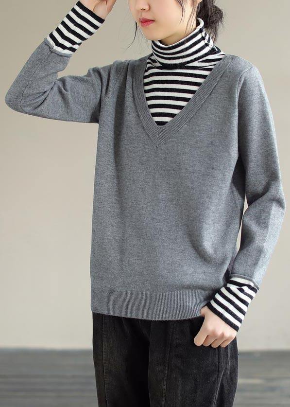 Pullover Light Gray Sweater Tops Patchwork High Neck Knit Sweat Tops