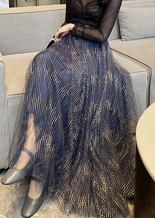 Blue Wrinkled Tulle a Line Skirts High Waist Summer