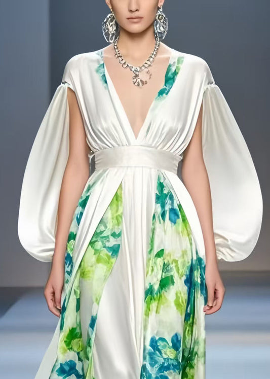 White Cinched Patchwork Silk Dress Cloak Sleeves