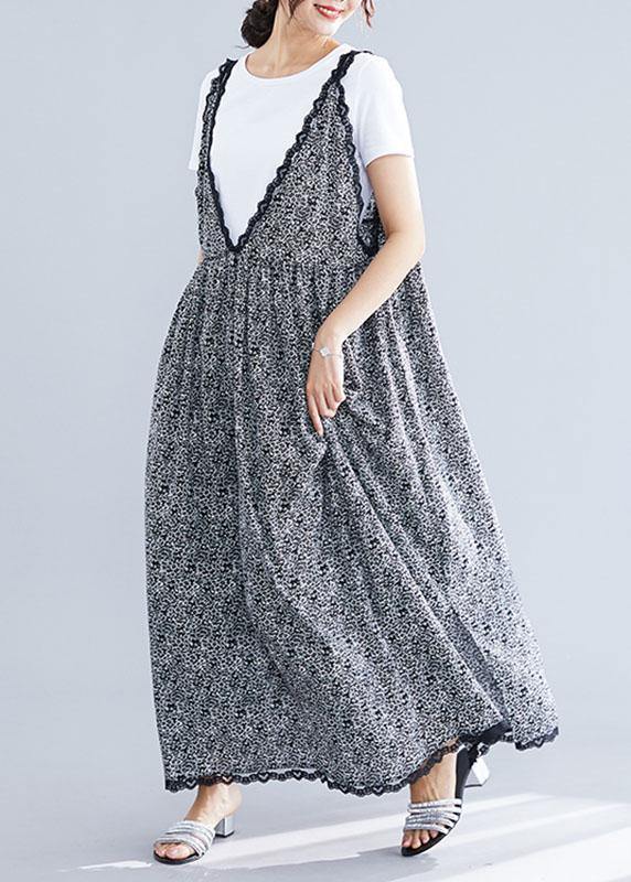 100% Black V Neck Chiffon Quilting Dresses Lace Ruffles Maxi Summer Dress