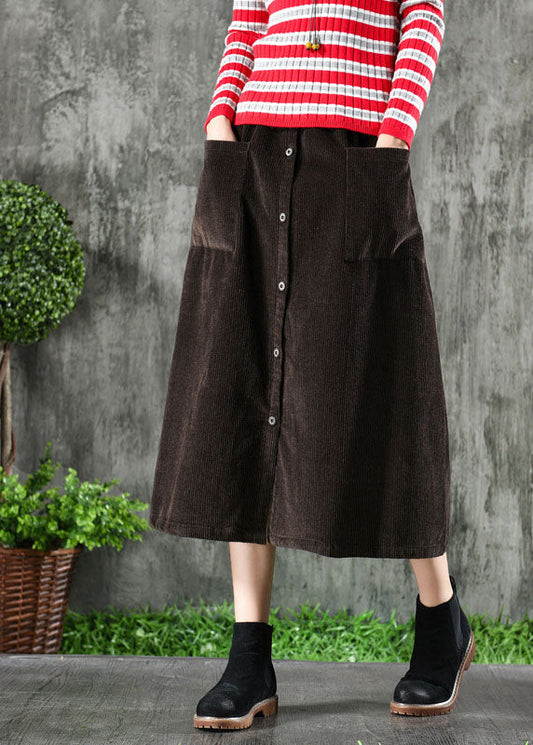 Dark Brown Corduroy Skirts Elastic Waist Button Winter