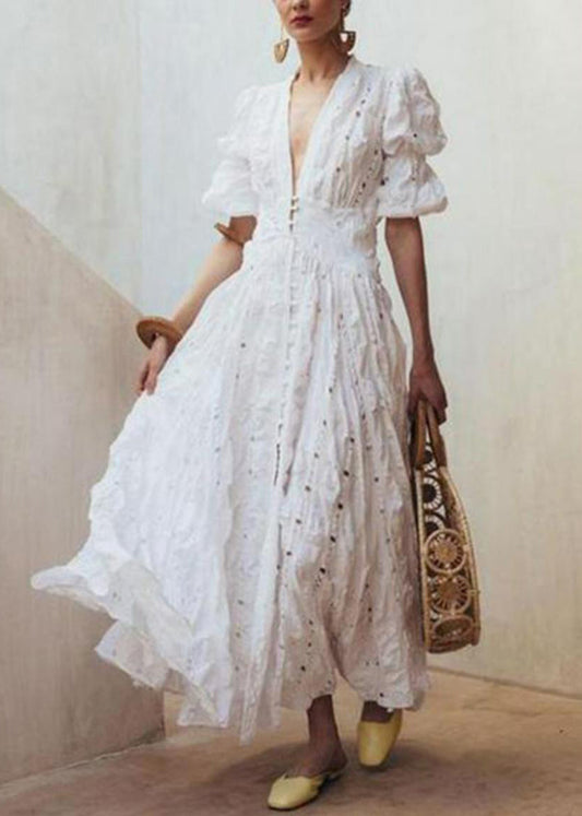 White Puff Sleeve Exra Large Hem Cotton Holiday Dress Spring