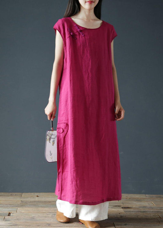 O Neck Side Open Linen Summer Clothes for Work Outfits Rose Dresses