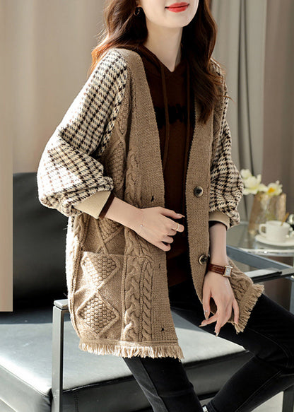 Khaki V Neck Plaid Patchwork Tassel Knit Coats Fall