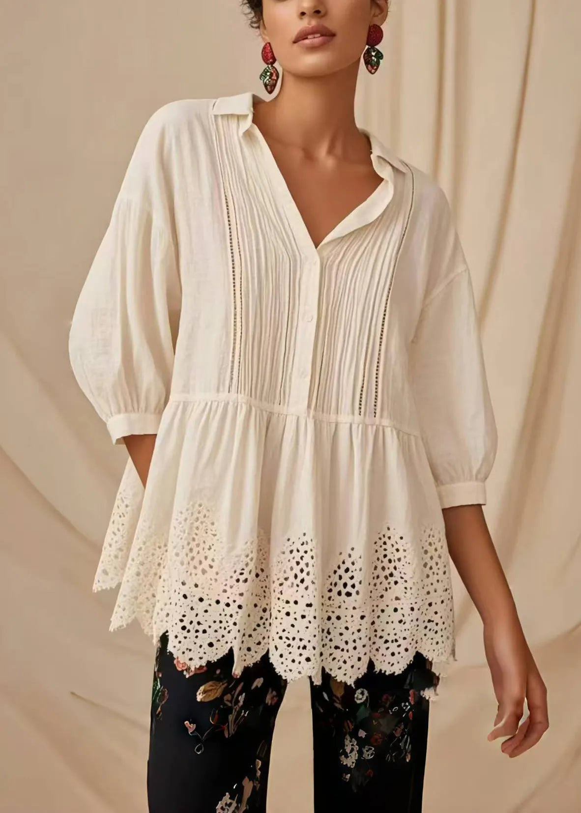 Style White Oversized Wrinkled Hollow Out Blouse Tops Half Sleeve