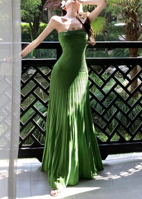 New Green Strapless Wrinkled Knitting Cotton Long Dresses Sleeveless