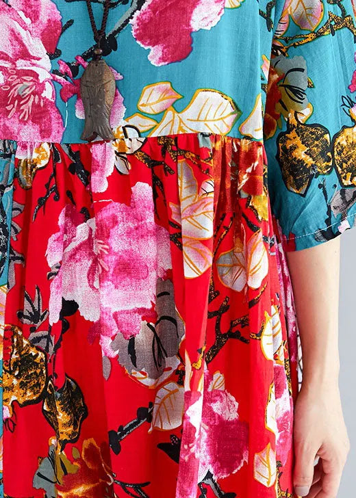 Red Green Print Linen Cotton Quilting Dresses O Neck Patchwork Loose Summer Dress
