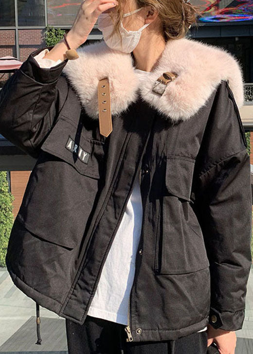 Black Fox Collar Zip Up Fine Cotton Filled Puffers Jackets Winter