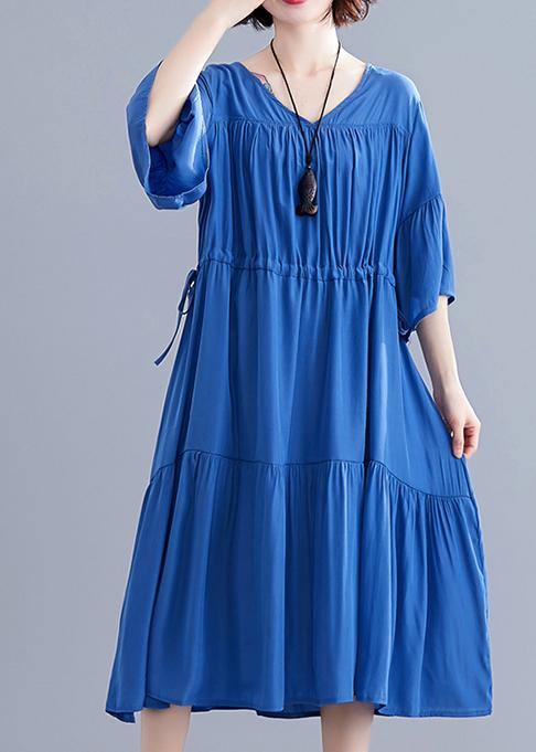 V Neck Drawstring Cotton Catwalk Blue Dress Summer