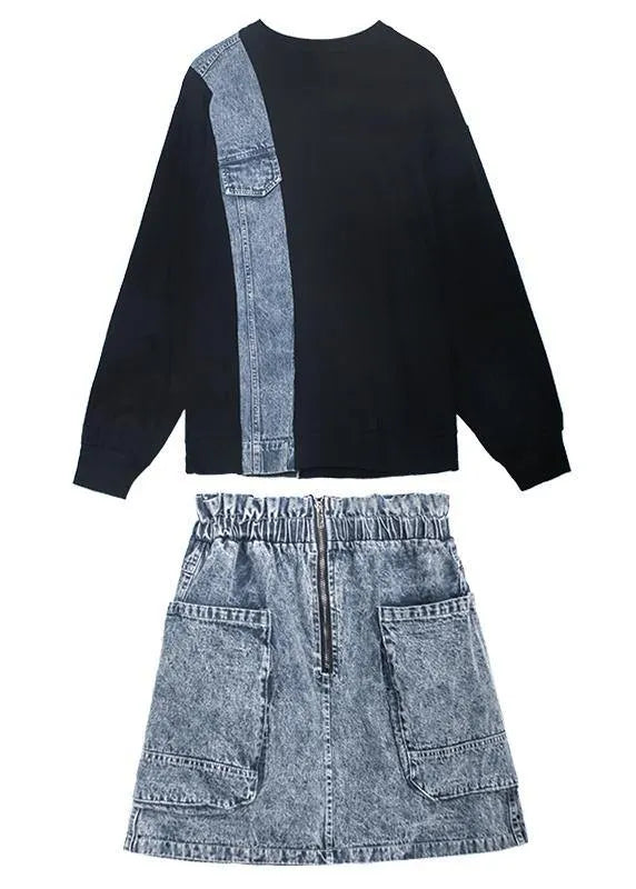 Autumn Suit New Female Sweater + Denim Skirt Two-piece