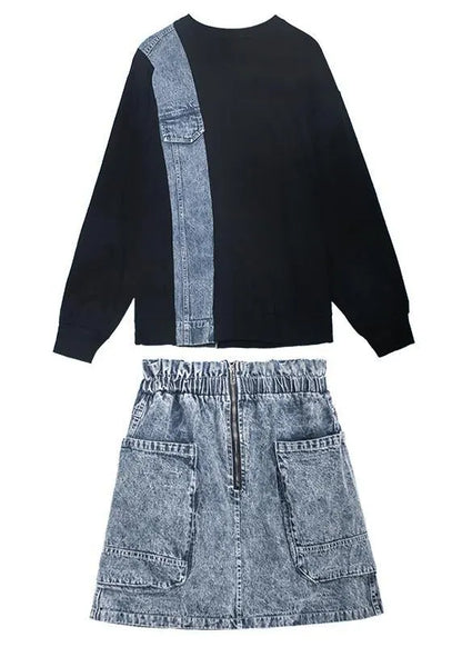 Autumn Suit New Female Sweater + Denim Skirt Two-piece