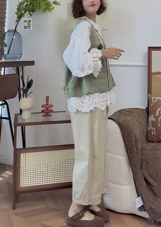 French Handmade White Puff Sleeve Hollow Out Cotton Shirt