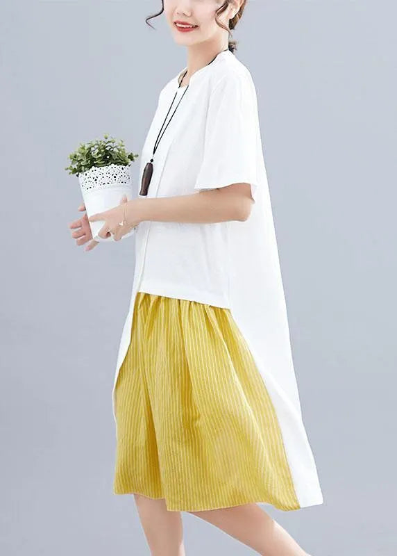 Patchwork O Neck Linen Dresses Sewing White Dresses Summer