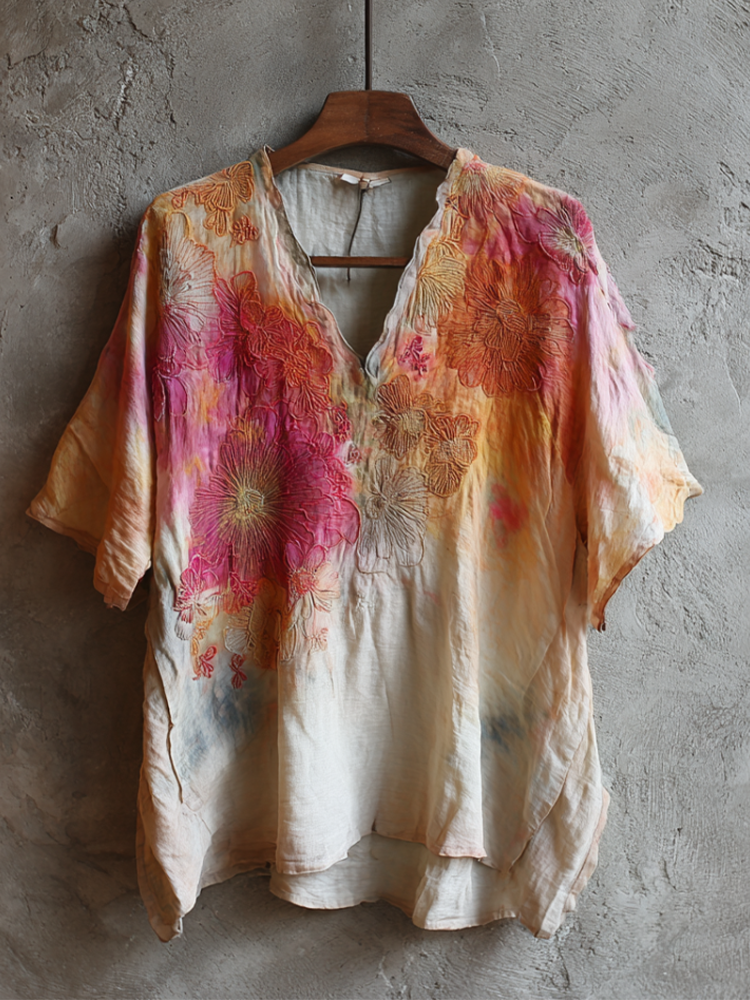Bohemian-style Pink Floral Embroidery V-neck Short-sleeved Shirt With Sequins elevenforest