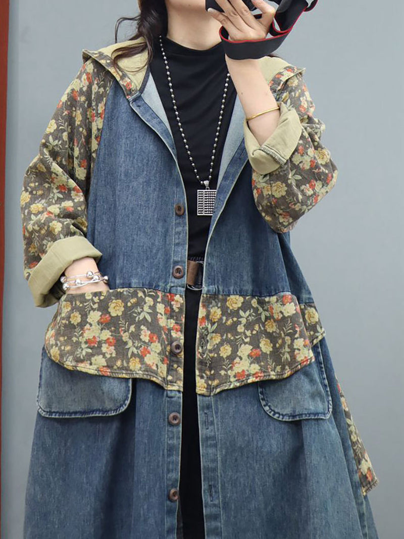 Denim Patchwork Print Hooded Long Coat