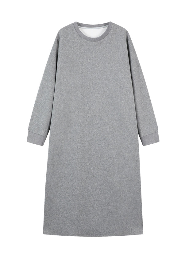 Grey O Neck Loose Cotton Straight Dresses Fall