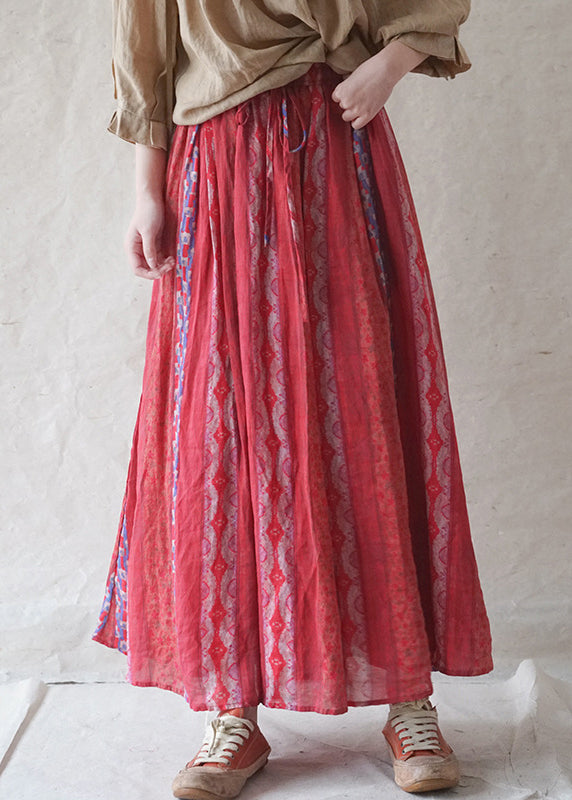 Red Elastic Waist Pocket Print Linen Beach Skirt Spring