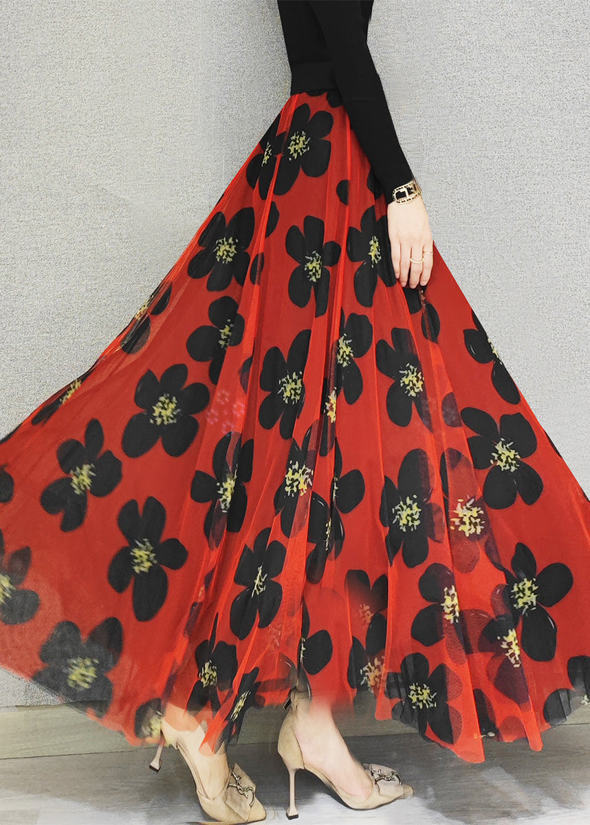 Red Elastic Waist Draping Tulle a Line Skirt Spring