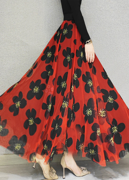 Red Elastic Waist Draping Tulle a Line Skirt Spring