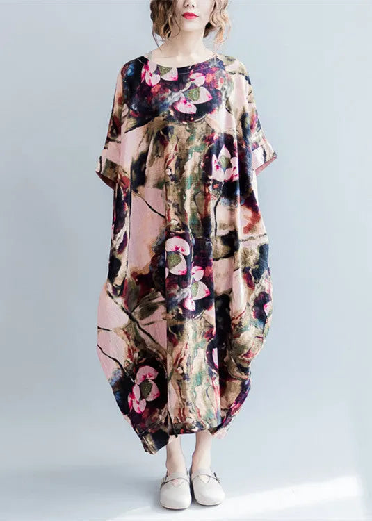 Fine Pink Prints Linen Dresses O Neck Linen Maxi Dress Fine Short Sleeve Linen Caftans