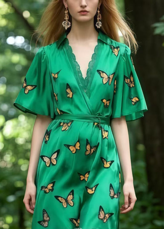 Tea Green Butterfly Patchwork Lace Silk Tunic Dress Summer