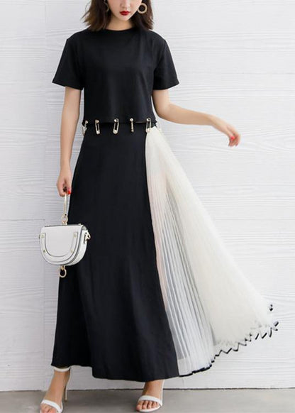 Summer Black Chiffon Maxi Skirts Patchwork Nets Yarn Beach Skirts