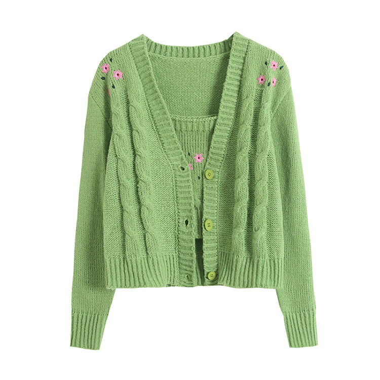 Flower Embroidery V-neck Short Sweater Cardigan 7396