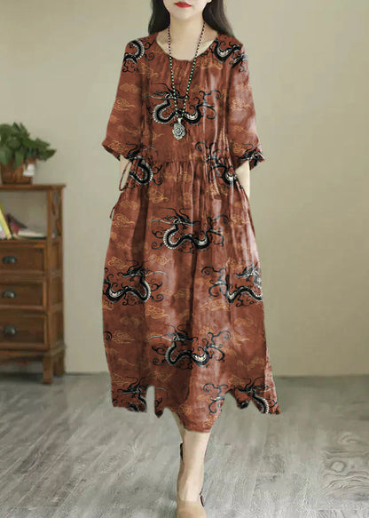 Green O-neck Print Wrinkled Long Dress Summer
