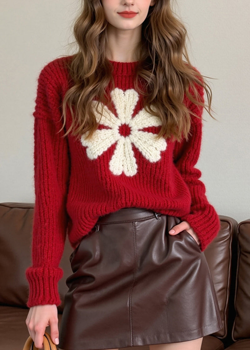 French Red O Neck Thick Knit Sweaters Winter