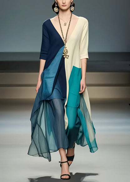 Colorblock Asymmetrical Patchwork Cotton Dresses Summer