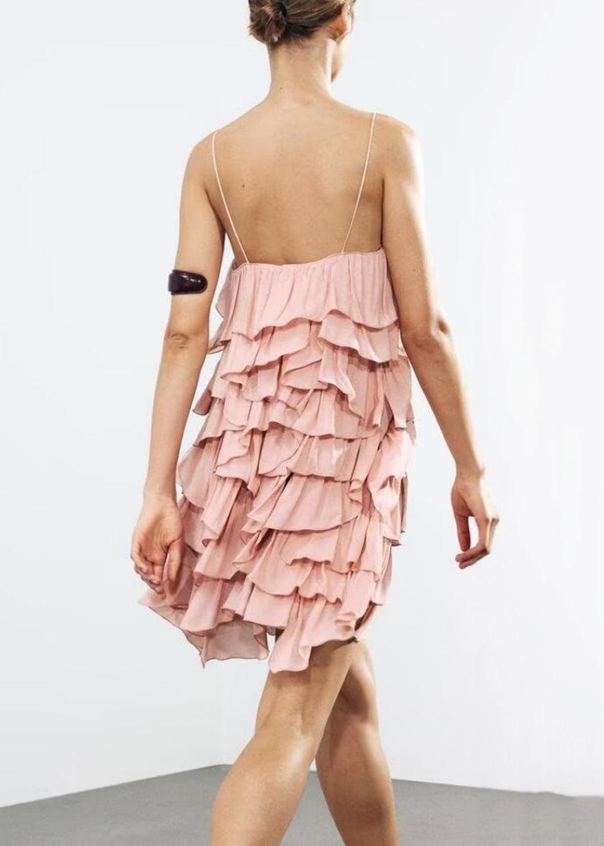Pink Backless Layered Cotton Spaghetti Strap Dress Sleeveless
