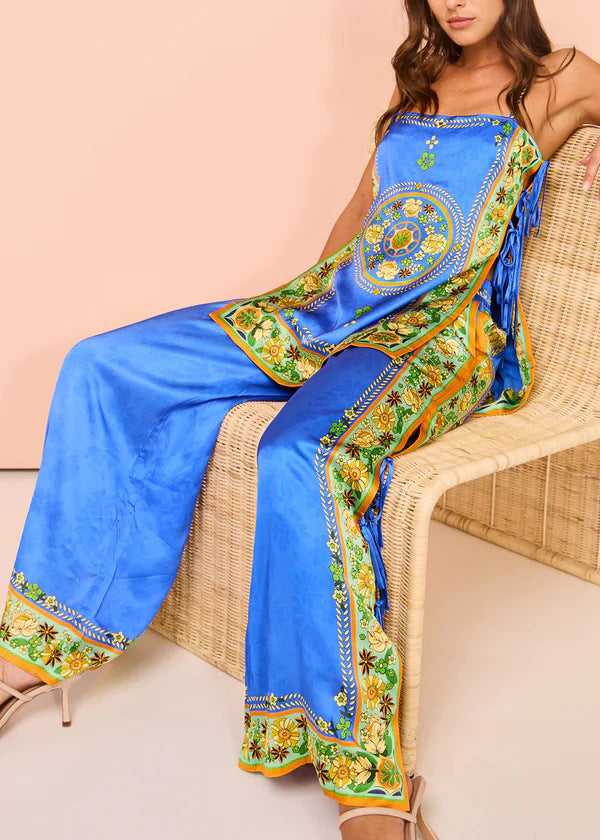 Blue Print Patchwork Tasseel Top and Wide Leg Pants Two Pieces Set Summer