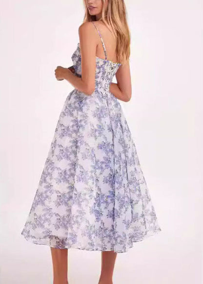 Boutique Blue Print Chiffon Spaghetti Strap Dress Summer