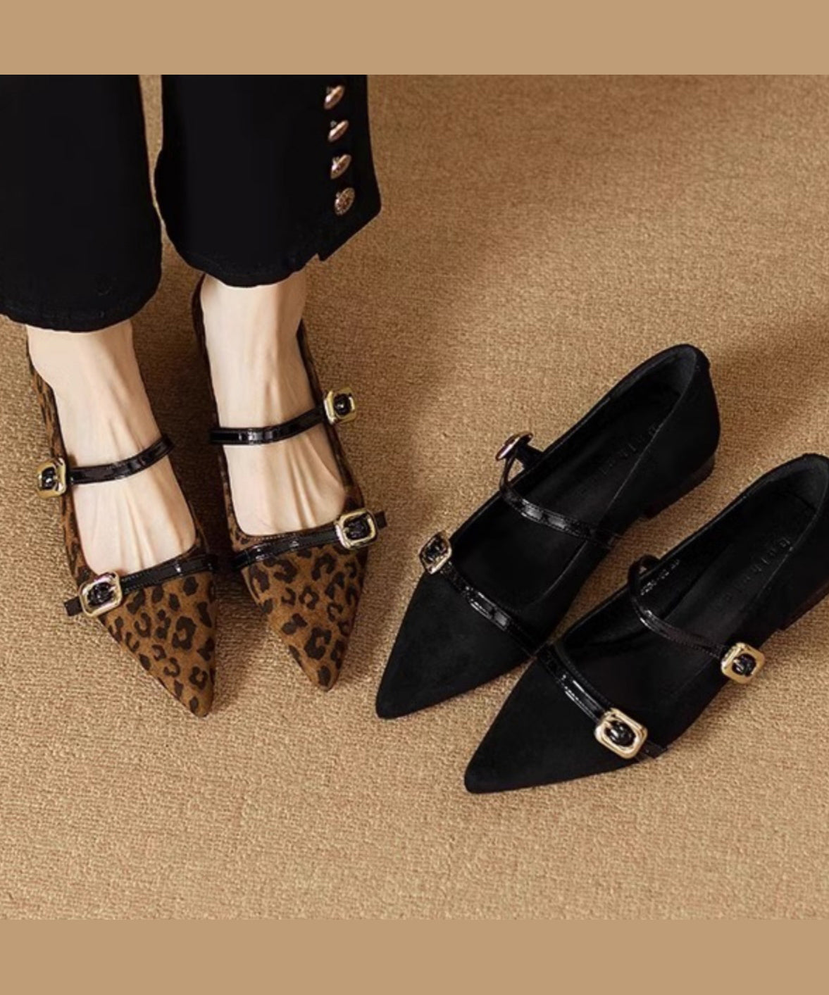Black Buckle Strap Splicing Flat Feet Shoes Pointed Toe
