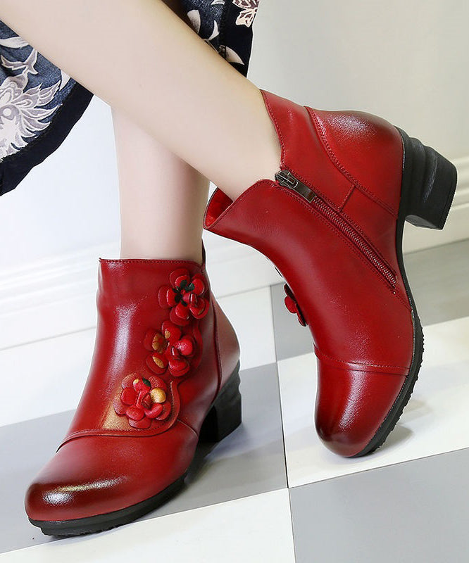 Simple Splicing Cowhide Leather Boots Red Chunky Heel