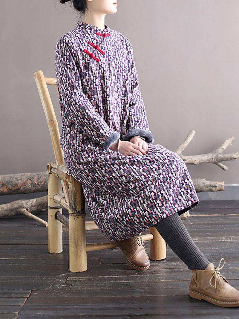 Winter Chinese Print Frog Thick Long Dress