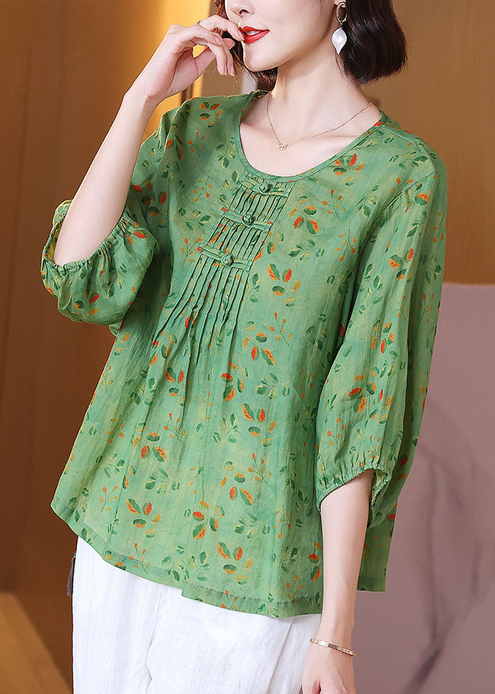 Green O Neck Print Wrinkled Patchwork Linen T Shirt Tops Summer