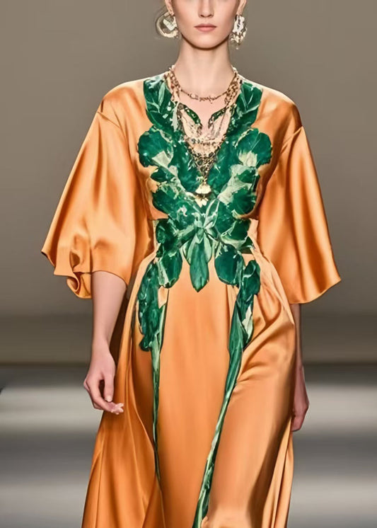 Orange Print Silk Long Dress Half Sleeve