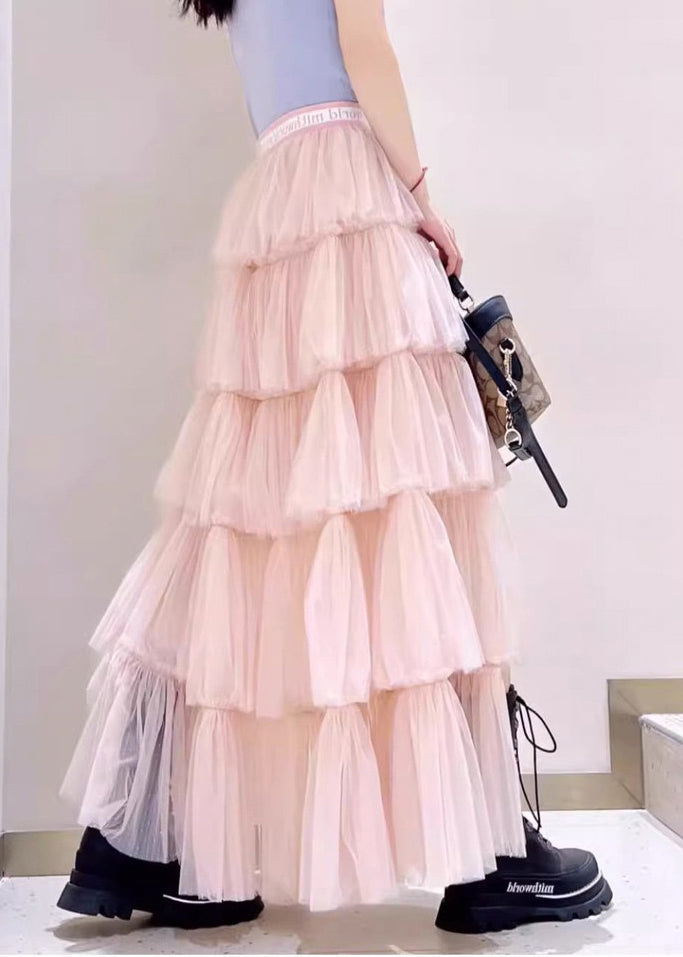 Pink Low High Design High Waist Tulle Skirts Spring