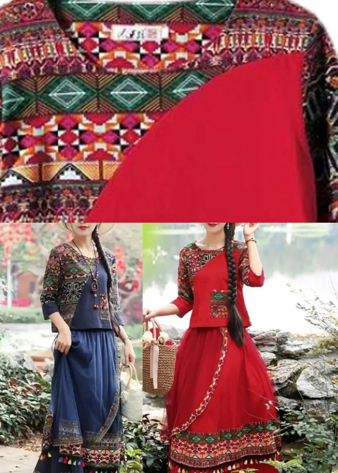 Novelty Red O-neck Print Top and Skirts Two Piece Set Fall