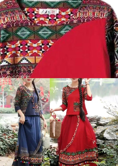 Novelty Red O-neck Print Top and Skirts Two Piece Set Fall
