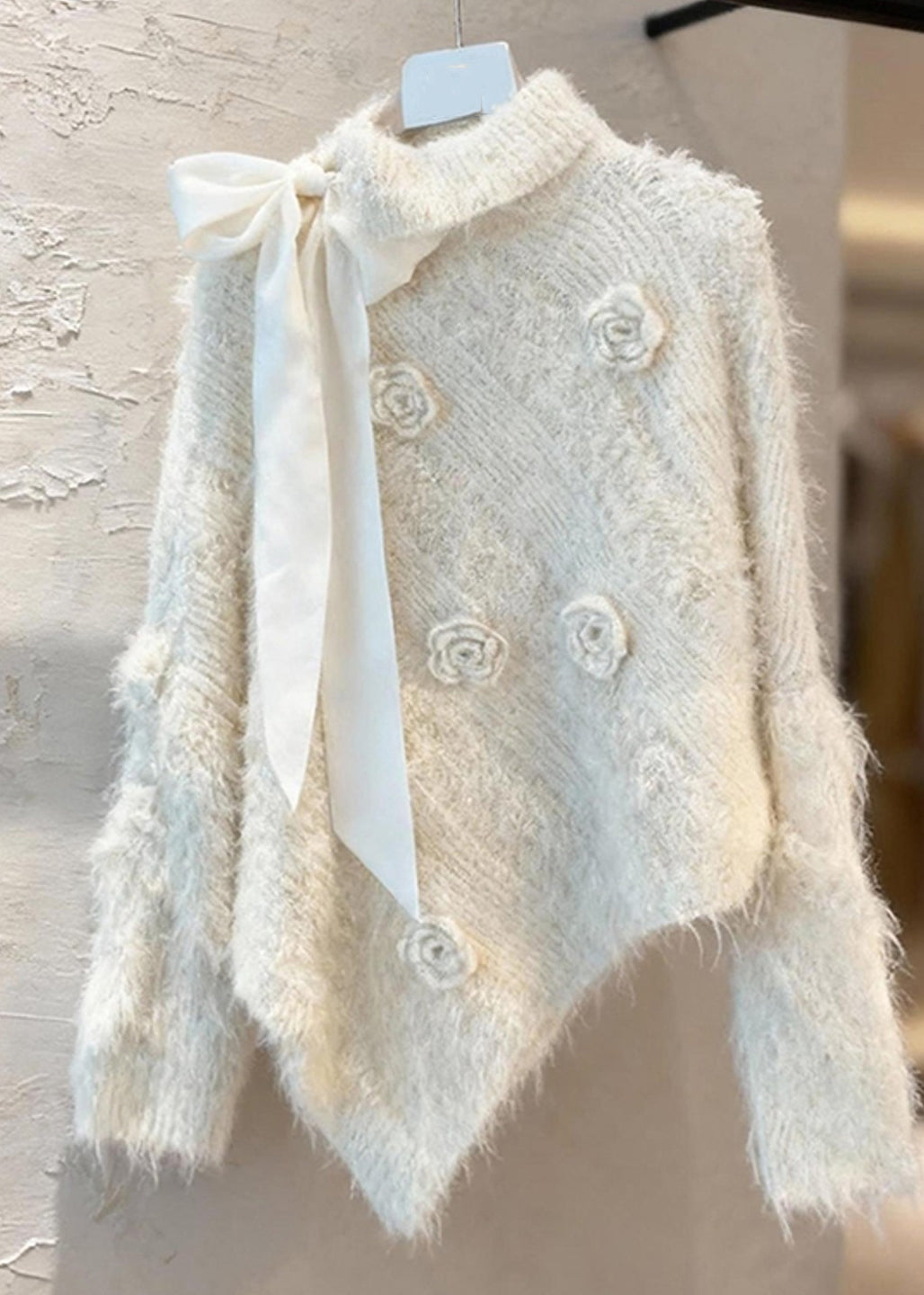Apricot Asymmetrical Bow Patchwork Cotton Knit Sweater Spring