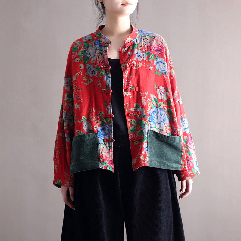 Blouse Stand Collar Large Flower Long-sleeved Jacket