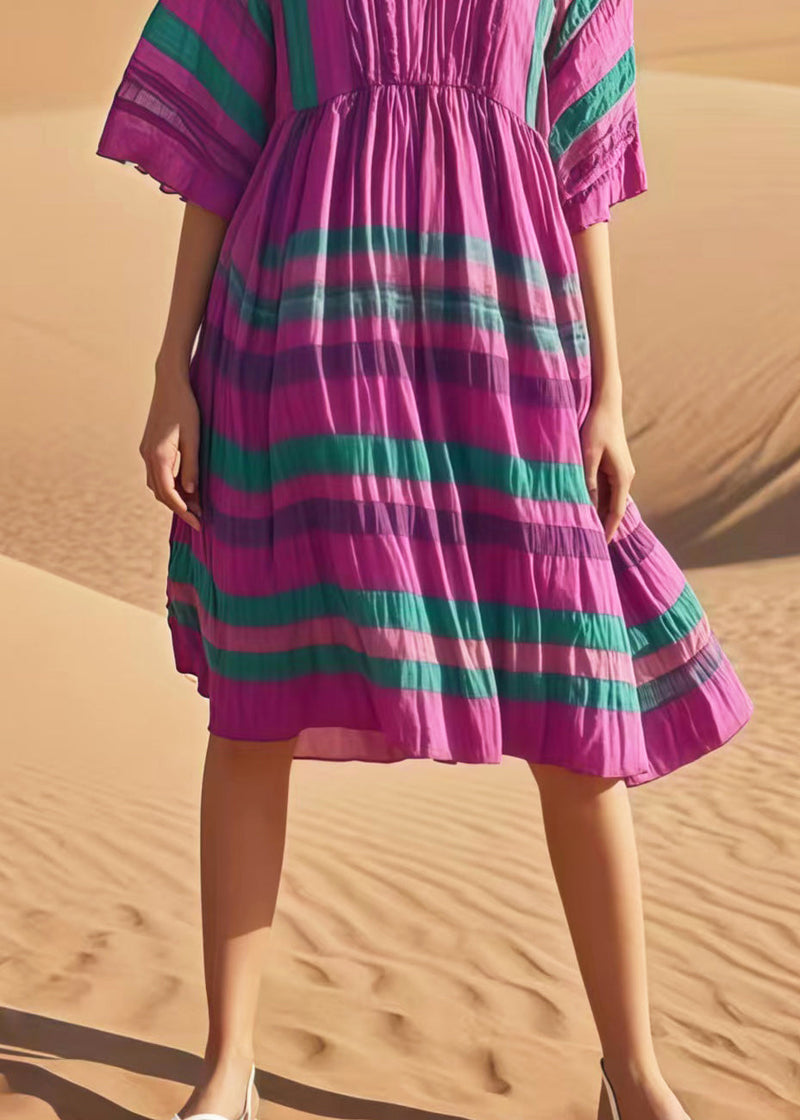 Purple V Neck Striped Cotton Day Dresses Summer